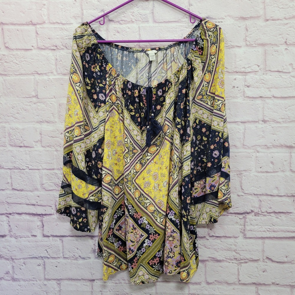 EST 1946 Boho Patchwork Floral Peasant Blouse 22/24W 100% Rayon Indie Cottage